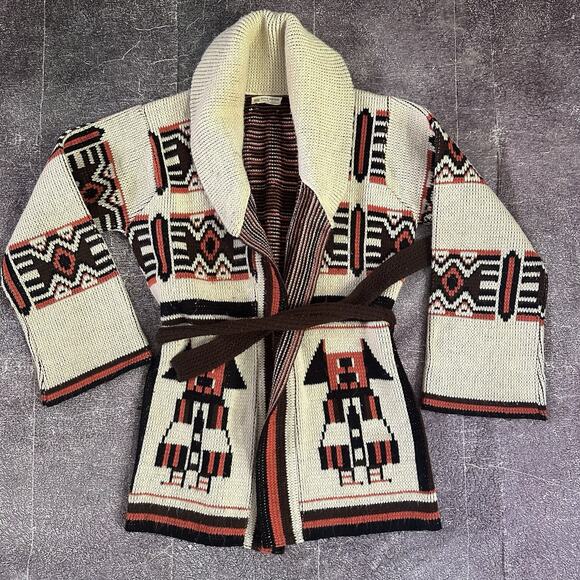 Women's True Vintage 70's Tribal Aztec Beige Belted Sweater Shawl Jacket Sz M - Picture 1 of 5